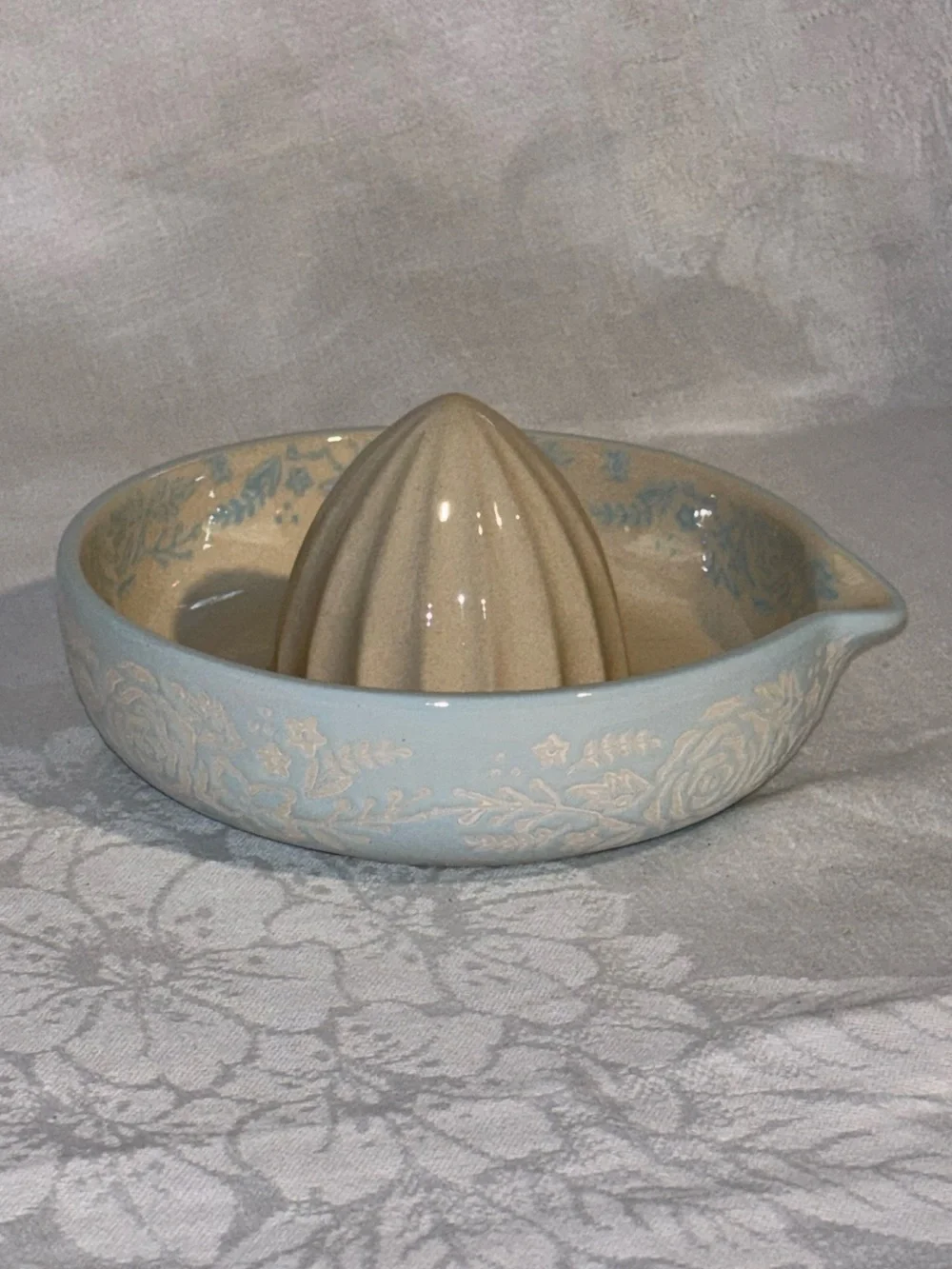 Vintage Pastel Blue Ceramic Citrus Juicer Rose Floral Cottagecore Reamer